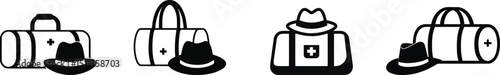 Vector illustration set of duffel bag and travel hat on a plain white background

