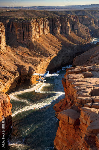 small modern airplane flying in deep rocky canyon with swiftly moving river beneath