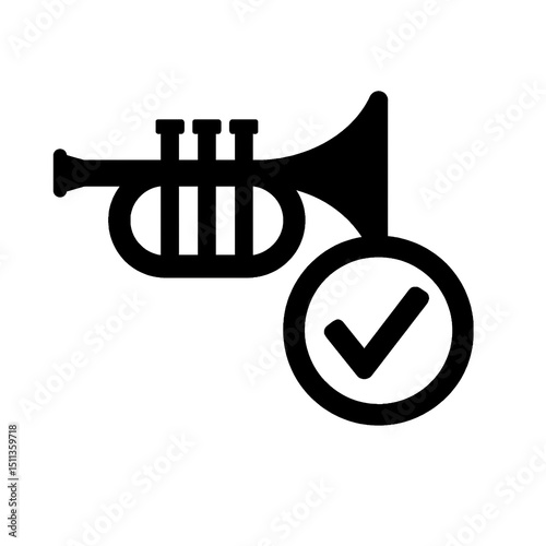  trumpet with check mark thin line icon design of black shape silhouette