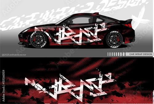 Illustration vector grahic of Car wrap decal with abstract design. Black red colour. Livery car editable. Mockup template sticker vinyl for racing, rally, or daily use.