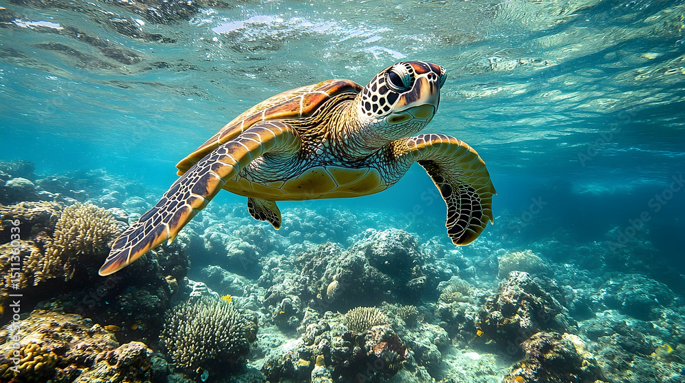 Naklejka premium Sea turtle swimming amongst coral reefs.
