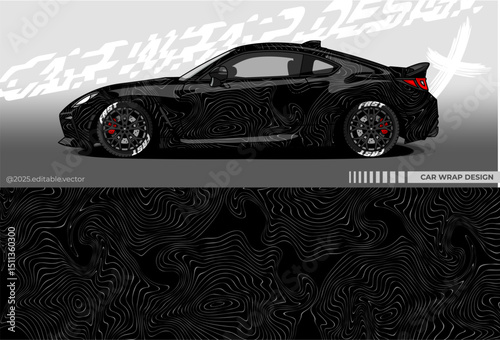 Illustration vector grahic of Car wrap decal with abstract design. Black colour. Livery car editable. Mockup template sticker vinyl for racing, rally, or daily use.