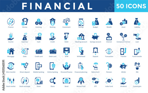 Financial icons set with finance, money, currency, banking, investment, savings, budget, wealth, asset, liability icon. Simple flat vector 
