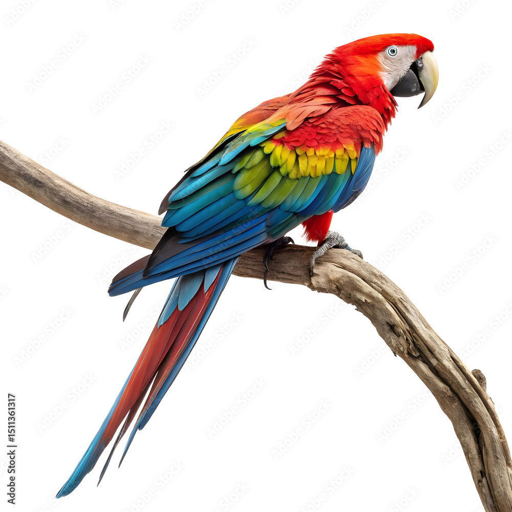 Obraz premium A vibrant full-body macaw parrot perched gracefully with colorful feathers and a lively posture.