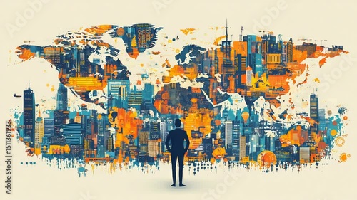 Global Vision: Person Contemplating a Vibrant World Map of Cityscapes and Innovation