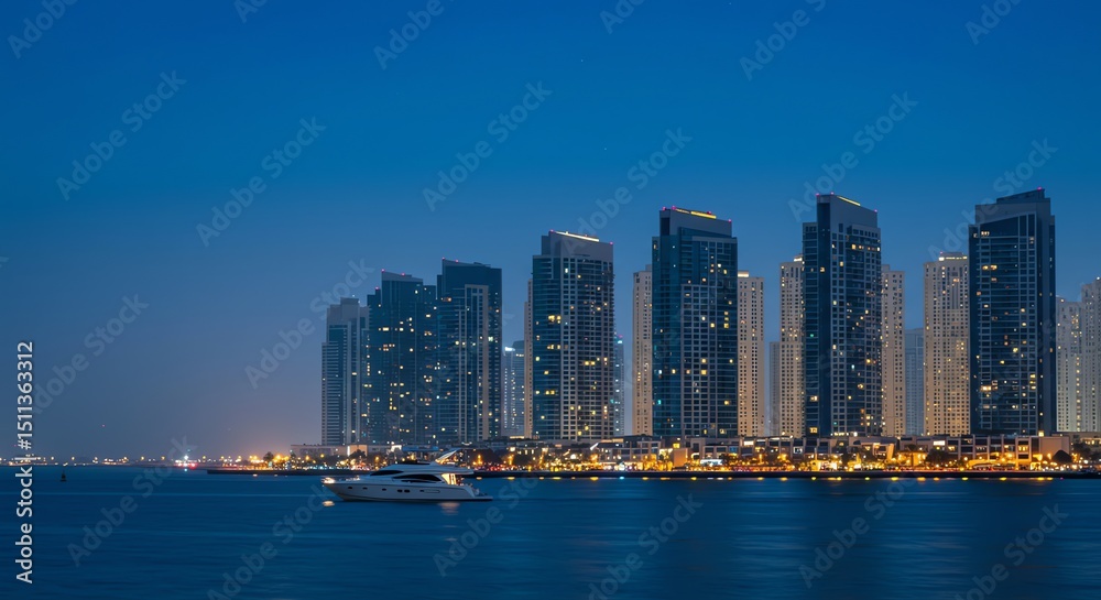 Fototapeta premium Night Skyline: Illuminated Towers and Serene Yacht at Dusk