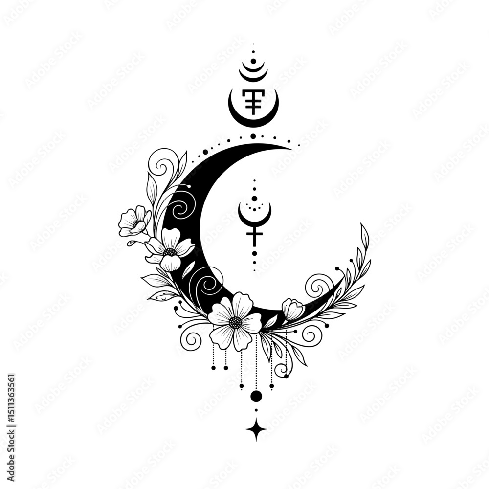 custom made wallpaper toronto digitalBlack crescent moon with floral design and mystical symbols