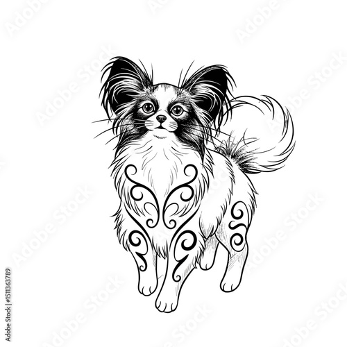 Illustrated dog with decorative patterns in a playful stance