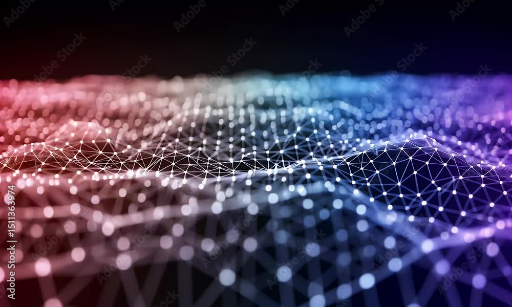 Abstract Digital Network Connection with Glowing Points and Lines in Blue Red and Purple Tones with Dynamic Geometric Mesh on Dark Backdrop Abstract Digital Network Connection with Glowing Points and Lines in Blue Red and Purple Tones with Dynamic Geometric Mesh on Dark Backdrop