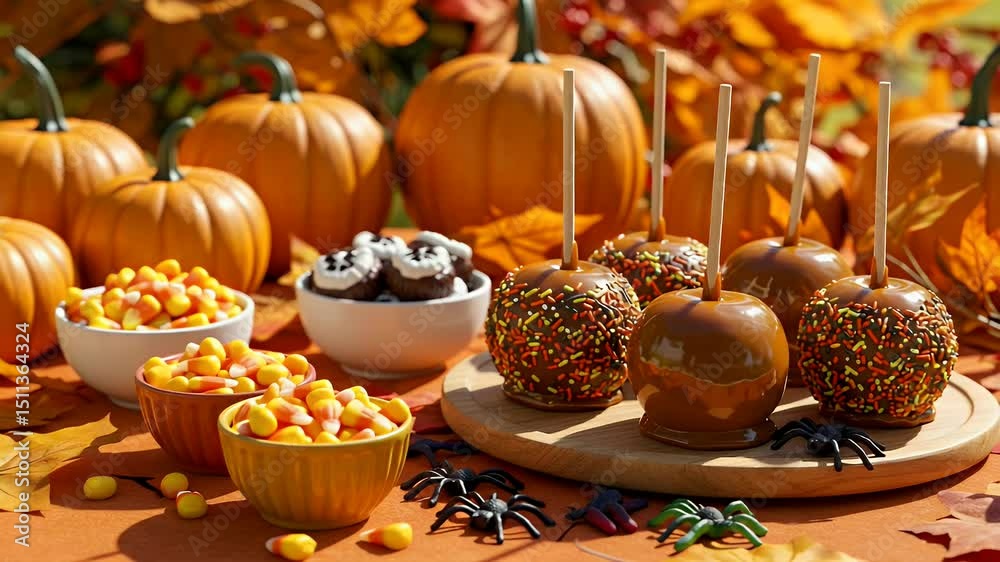 Autumn harvest scene featuring caramel apples, candy corn, and pumpkins surrounded by colorful fall foliage