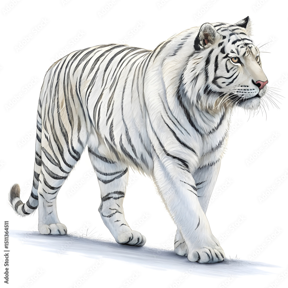 Obraz premium A walking Siberian tiger in full side view with flawless fur detail and powerful stride.