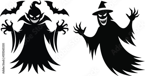 Set of halloween silhouettes, High-quality Halloween vector illustration featuring spooky and fun design elements including ghosts, jack-o'-lanterns, bats, witches, skulls, and spider webs.