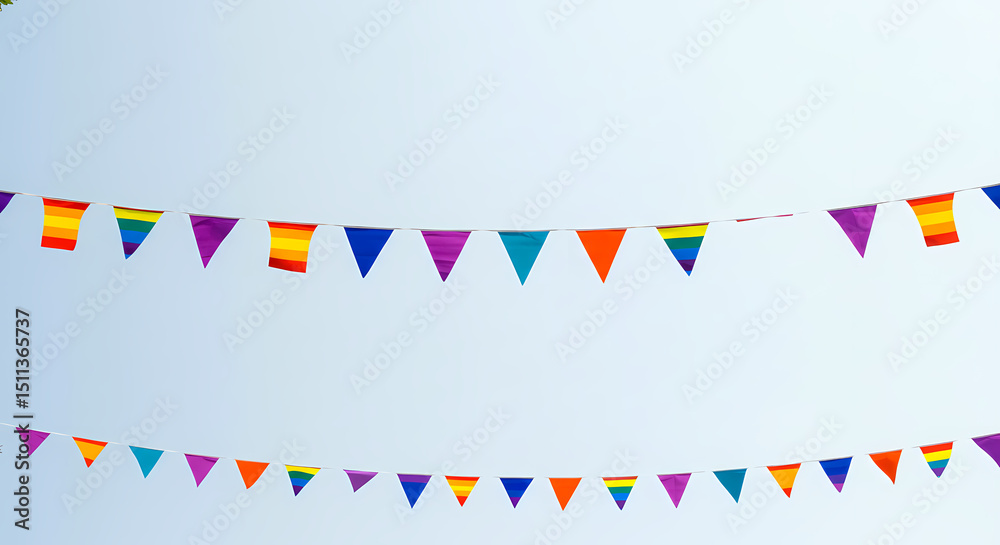 Fototapeta premium Rainbow Pride Flags Hanging Against a Clear Blue Sky