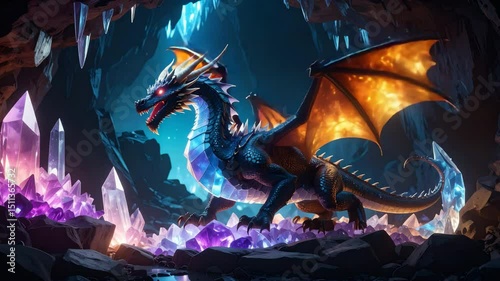 Majestic dragon resting in a dark cave surrounded by glimmering crystals and shadows