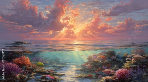 Coral reef sunset underwater scene