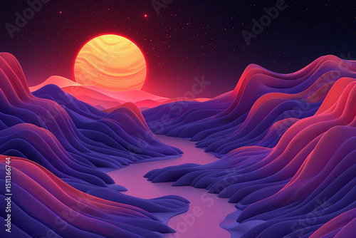 A vibrant orange and red sunset paints the desert landscape, meeting the dark blue sky where the moon and first stars emerge