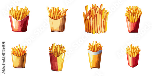 Multiple vector illustrations French fries, watercolor style