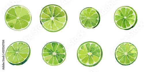 Multiple vector illustrations sliced lime, watercolor style
