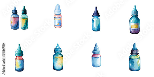 Multiple vector illustrations small medicine bottles, eye drops, watercolor style