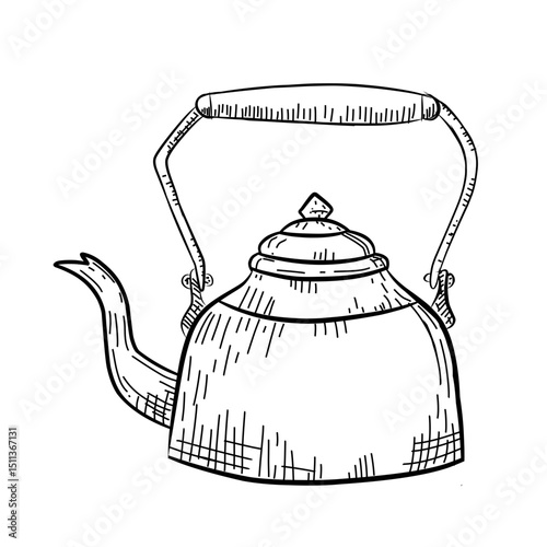 Vintage and antique tea kettle line art hand drawn illustration