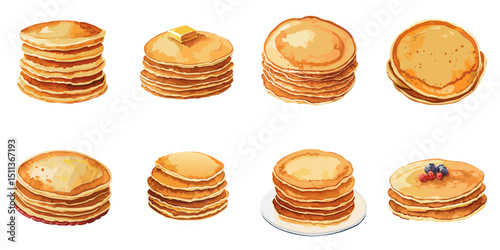 Multiple vector illustrations pancakes, watercolor style