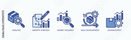 Driving Success Icon Set Isolated Vector With Icon Of Analysis, Growth Strategy, Market Research, Agile Development, Enhancement In Blue Style