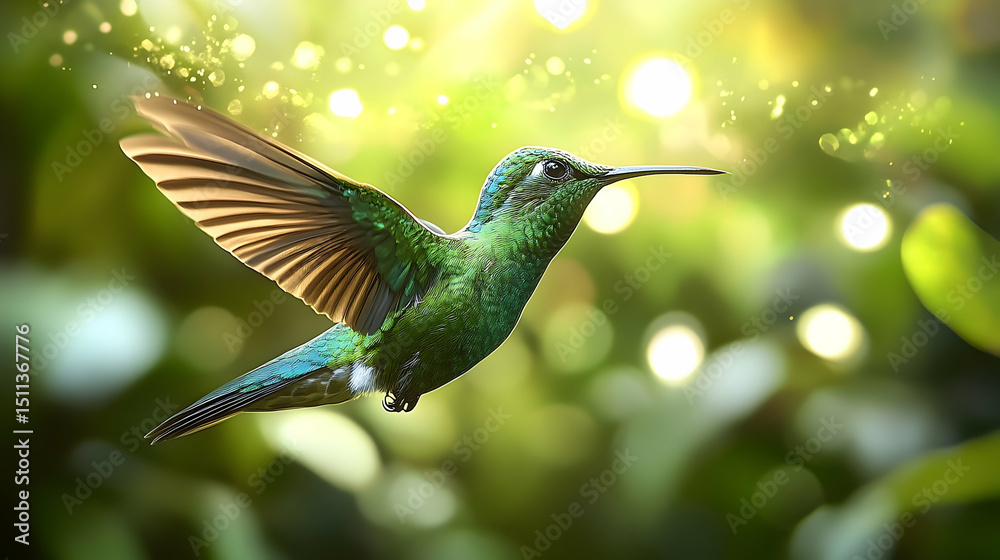 Obraz premium A hummingbird in flight, illuminated by sunlight.