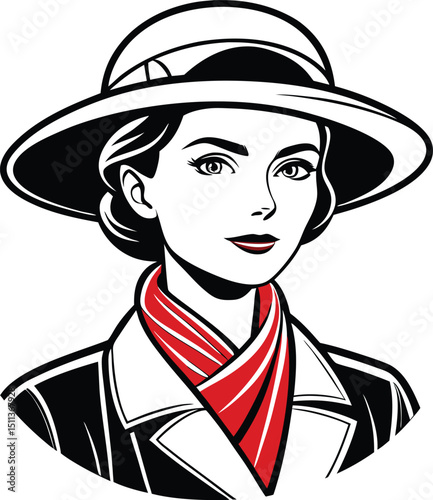 Elegant Woman Portrait with Hat and Scarf in Retro Style Illustration