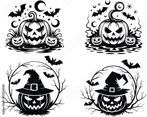 Halloween T-shirt, High-quality Halloween vector illustration featuring spooky and fun design elements including ghosts, jack-o'-lanterns, bats, witches, skulls, and spider webs.