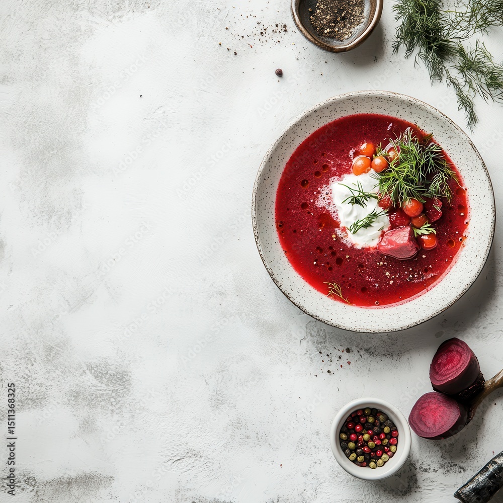Vibrant Red Beetroot Cream Soup with Fresh Herbs in a White Bowl Vibrant Red Beetroot Cream Soup with Fresh Herbs in a White Bowl