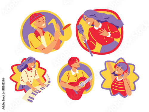 Hand drawn colorful illustration of Musicians Playing Instruments