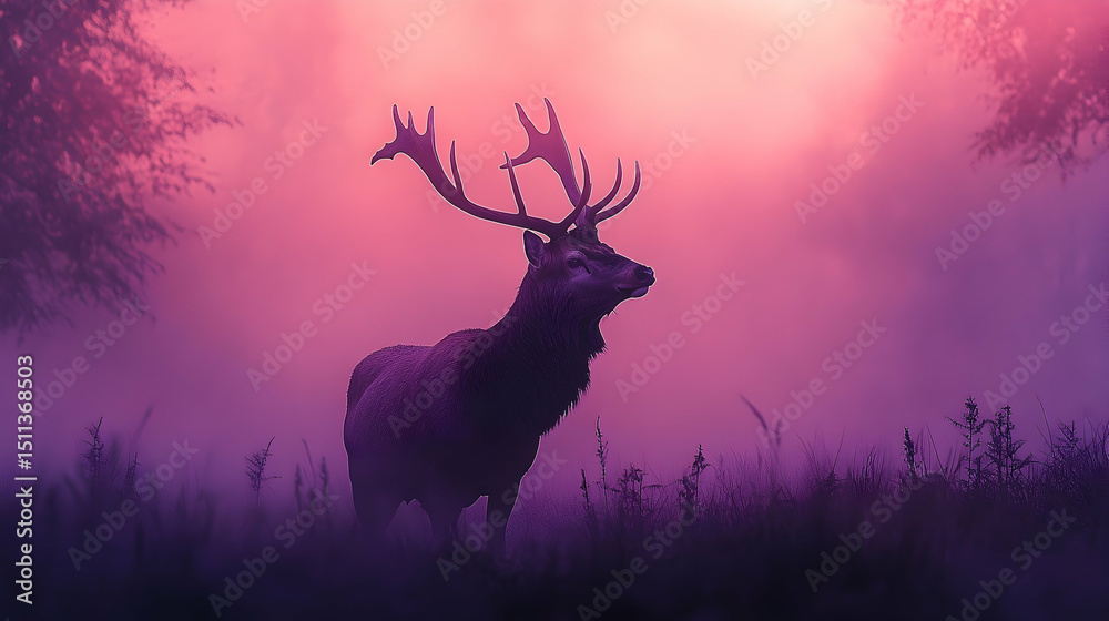 Obraz premium Majestic deer in a dreamy, misty landscape.