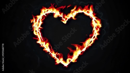 Fiery heart shape ignites and burns brightly against dark background