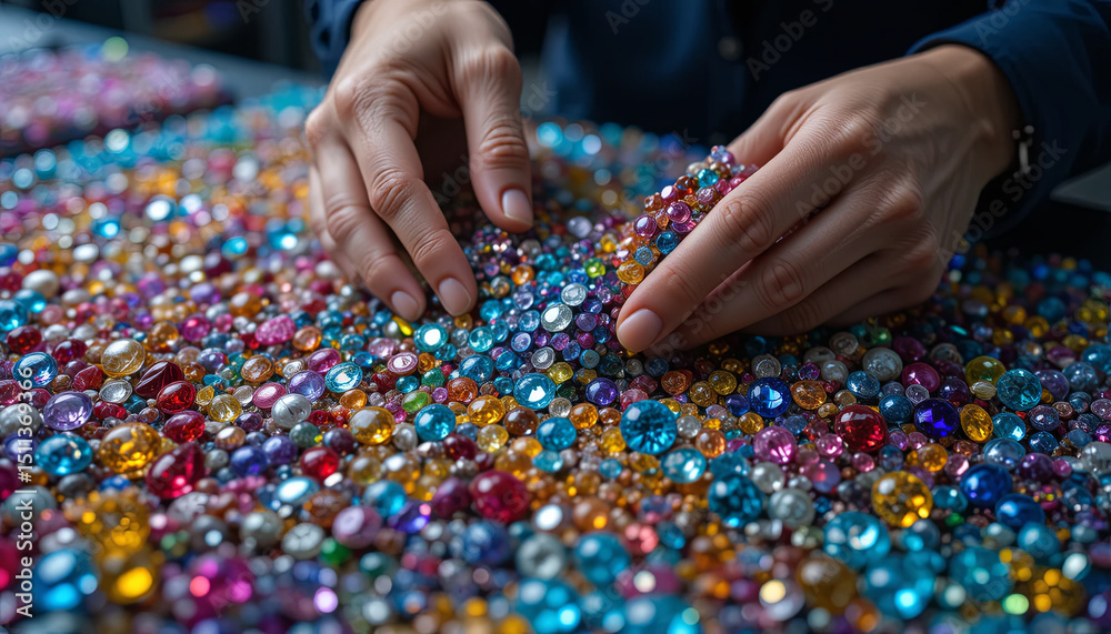 Hands carefully sort and organize an array of vibrant gemstones in various shapes and sizes at a creative workspace. The table is covered with a multitude of colors and textures Hands carefully sort and organize an array of vibrant gemstones in various shapes and sizes at a creative workspace. The table is covered with a multitude of colors and textures