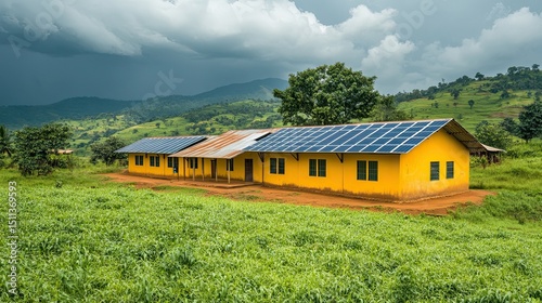 A rural school powered by solar panels, providing sustainable energy to students and staff in an eco-friendly manner.