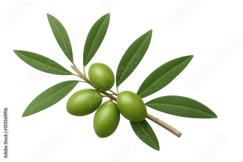Olive branch displaying four ripe green olives with verdant leaves, rendered realistically against transparent backdrop