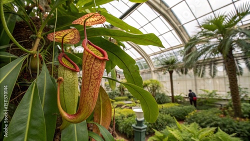 Close up of Vibrant Nepenthes Pitchers with Dew Droplets Carnivorous Detail