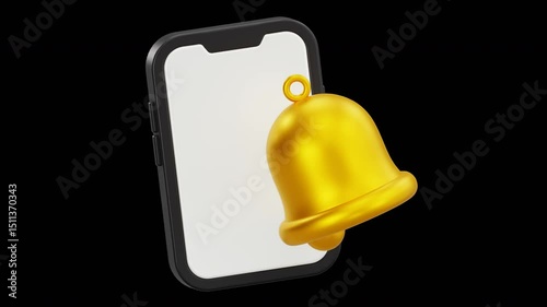 Animated 3D Smartphone with Golden Notification Bell Icon, 4K Animation, Alpha Channel