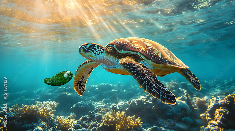 Obraz premium Sea turtle swimming near a piece of plastic waste in coral reef.