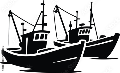 Two fishing boats depicted in a black and white illustration showcasing maritime vessels and nautical theme silhouette
