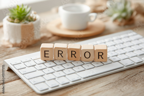 Wooden blocks spelling error on a keyboard with a coffee cup and succulent plant on a wooden desk