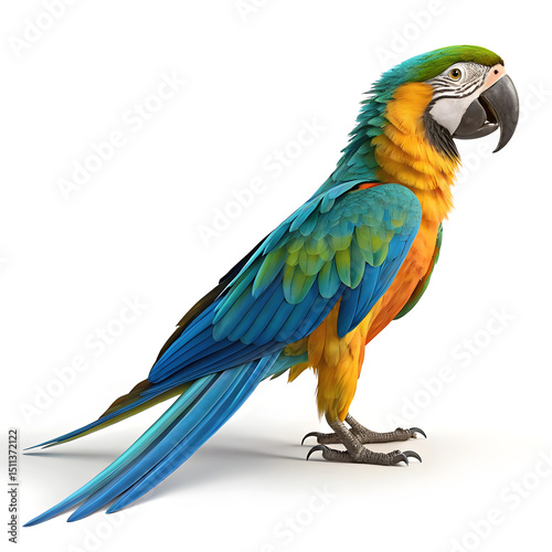 A 3D rendered full body macaw with exaggerated bright feathers.