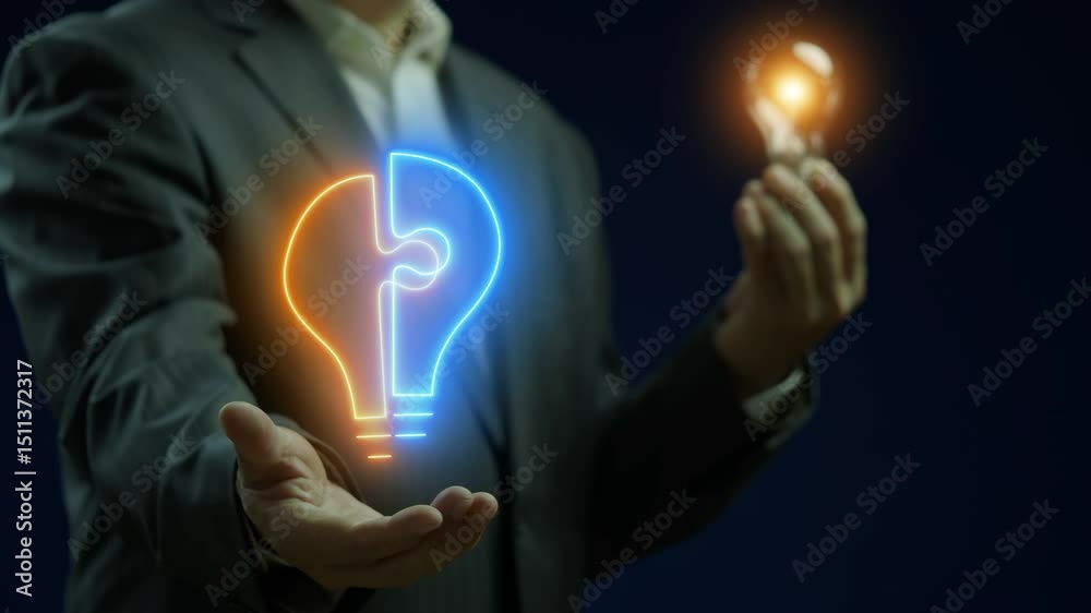 Brainstorm concept, method of generating ideas and sharing knowledge to solve a particular commercial or technical problem. Businessman shows animated Brainstorm icon on virtual screen.