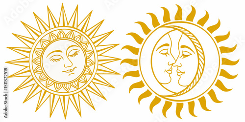 Yellow Sun Icon Set – Sunshine, Solar Glow, Sunrise and Sunset Vector Signs


