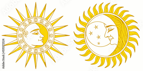Yellow Sun Icon Set – Sunshine, Solar Glow, Sunrise and Sunset Vector Signs

