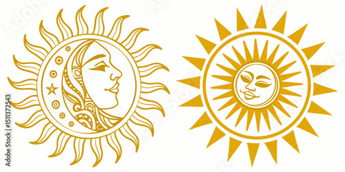 Yellow Sun Icon Set – Sunshine, Solar Glow, Sunrise and Sunset Vector Signs

