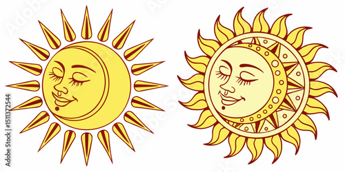 Yellow Sun Icon Set – Sunshine, Solar Glow, Sunrise and Sunset Vector Signs

