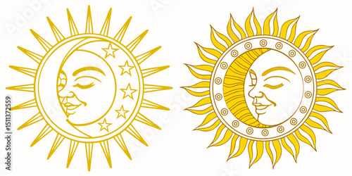 Yellow Sun Icon Set – Sunshine, Solar Glow, Sunrise and Sunset Vector Signs

