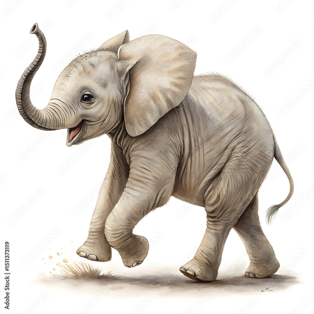 Fototapeta premium A baby elephant walking playfully with a clean body and joyful expression.