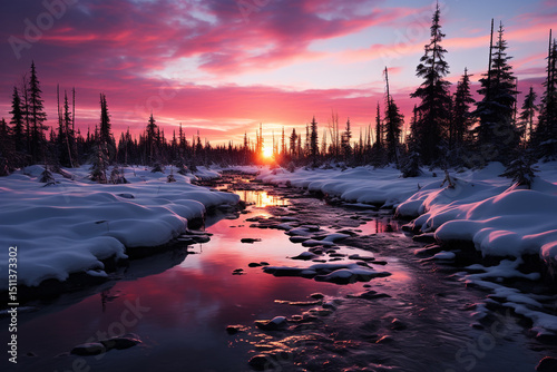 Tranquil landscape of sunset over the river with reflections of the sun and clouds in the calm water
